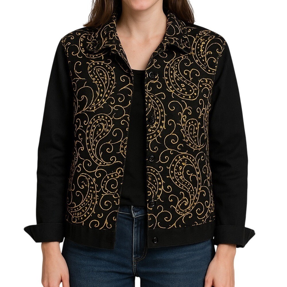 Riccio Essentials Black Gold Paisley‎ Button Front Women's Jacket Size Large